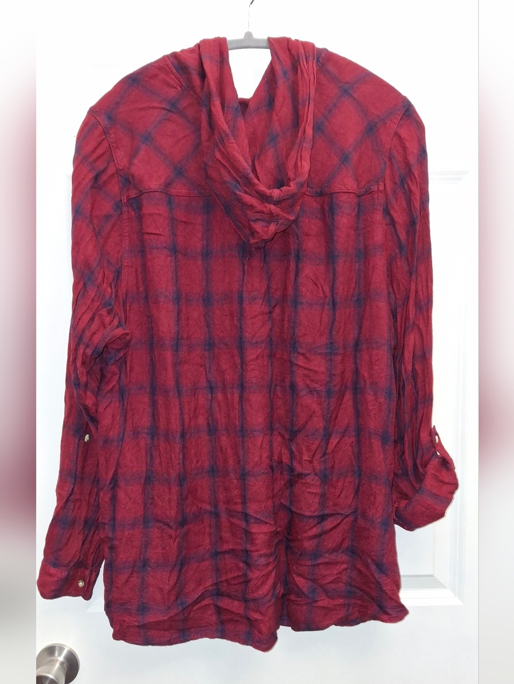 Maurices Burgundy and Navy Plaid Hooded Button-Down Shirt, 3x - Picture 6 of 6
